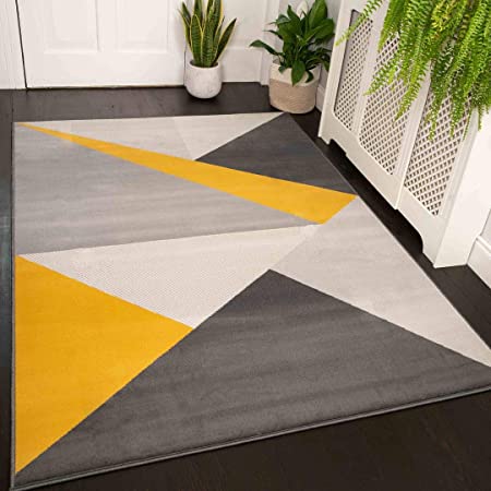 Modern Bold Ochre Grey Geomertic Sitting Living Room Carpet Rug Patchwork Yellow Slate Triangle Hallway Bedroom Area Rugs 160cm x 230cm