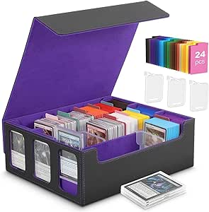 MoKo Card Storage Box for Trading Cards, 2500  MTG Deck Box with 24 Colorful Dividers & 3 Card Supporters, Commander Card Deck Case with Display Window, Fits for Magic Game Cards, YugiOh, Black Purple