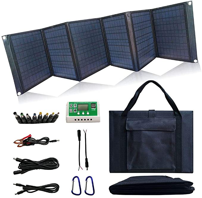 Solar Charger 60W Foldable Solar Panel Portable Battery Charger Kit with Dual 5V USB Ports for Cell Phone Power Bank, DC18V Output for Laptop Tablet, DC12V for Car Motorcycles Boat RVs Charge Battery