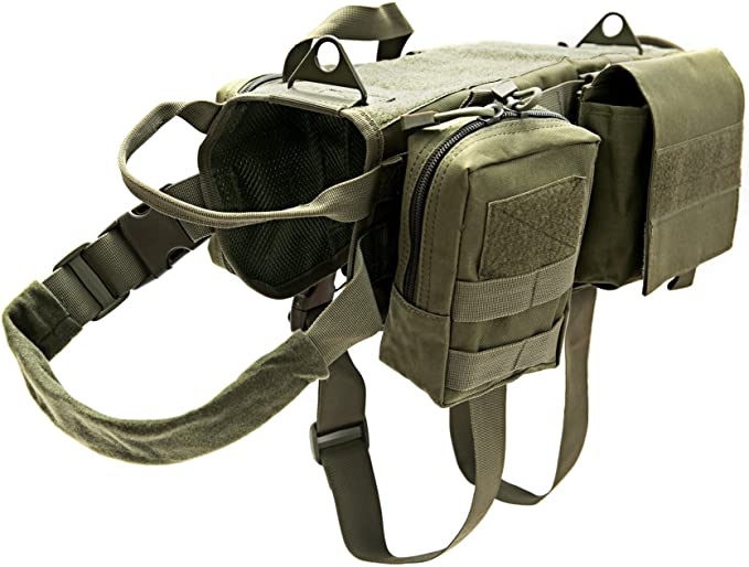Vevins Dog Tactical Harness Molle Vest Adjustable Service Camouflage Outdoor Training Harness with 3 Detachable Pouches