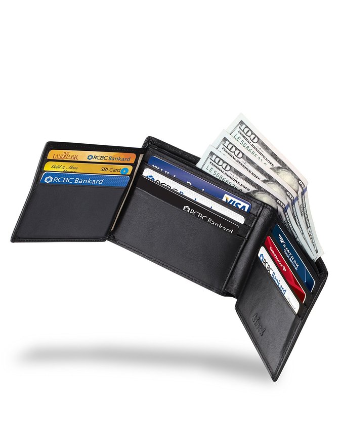 Kinzd Mens Extra Capacity Leather Trifold RFID Wallet Hybrid Bifold Flipout ID