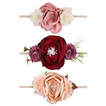 CN Baby Girls Floral Headbands Nylon Flowers Crown Hair Bow Elastic Bands For Newborn Infant Toddlers Kids Pack of 3