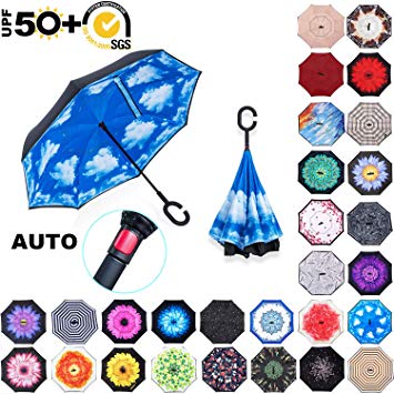 ABCCANOPY Inverted Umbrella,Double Layer Reverse Windproof Teflon Repellent Umbrella for Car and Outdoor Use, UPF 50  Big Stick Umbrella with C-Shaped Handle and Carrying Bag, 30  Multi Colors