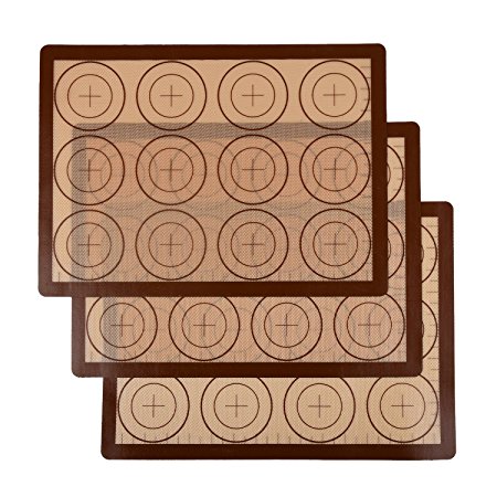 Seamersey Silicone Baking Mat Sheet Set - Set of 3 Sheet - Non-Stick Silicon Liner for Bake Pans & Rolling with Measurements - Macaron/Pastry/Cookie/Bun/Bread Making(16" x 11.5", Brown)