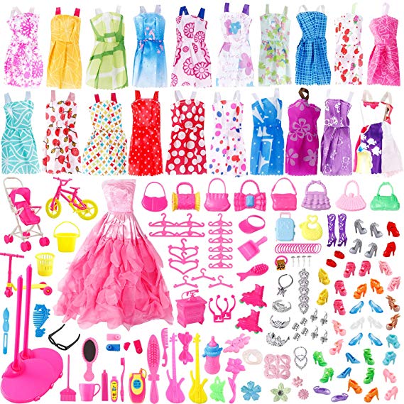 JANYUN Total 191pcs 20 Pack Clothes Party Gown Outfits and Wedding Dress for Barbie Dolls   170 pcs Dolls Accessories Shoes Bags Necklace Mirror Hanger Tableware