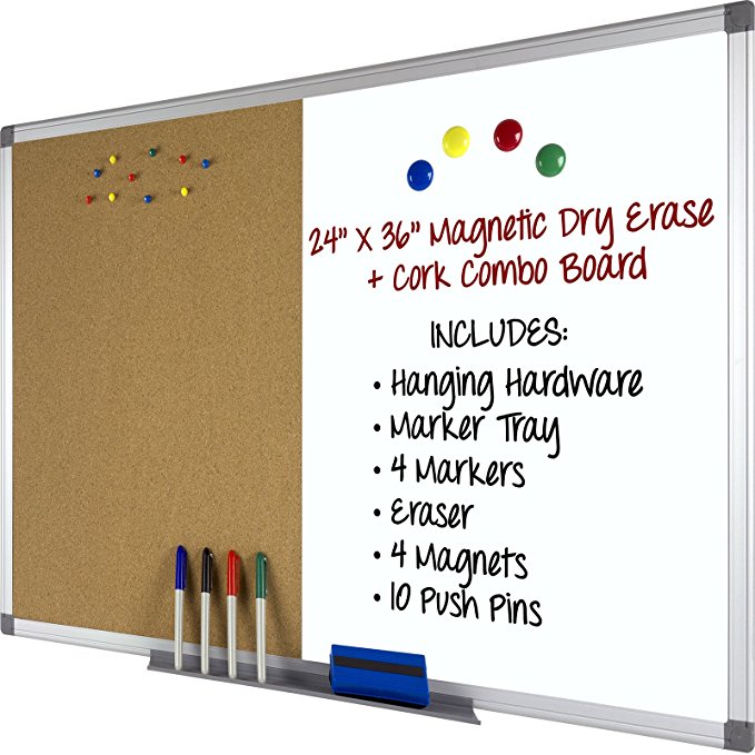 Magnetic Dry Erase and Cork Combo Board: 24x36, Aluminum Frame with 4 Markers, 4 Magnets, 10 Push Pins, 1 Eraser, Marker Tray & Hanging Hardware Included