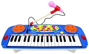 Happy Face 37 Keys Electric Organ Children's Kid's Battery Operated Toy Piano Keyboard Instrument w/ Microphone (Blue)