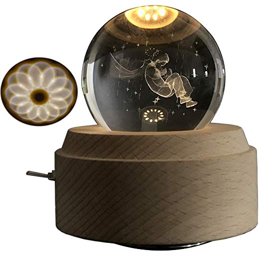 Amperer 3D Crystal Ball Music Box Little Prince Luminous Rotating Musical Box with Projection LED Light and Wood Base Best Gift for Birthday Christmas (9# Starry Sky)
