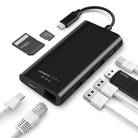USB Type C Hub 8-in-1 OMARS USB C to Ethernet, 4K HDMI, 3 x USB 3.0 5Gbps, SD&TF Card Reader with Power Delivery for New Macbook 12",MacBook Pro, Huawei Matebook,ChromeBook Pixel 2015 and more (Black)