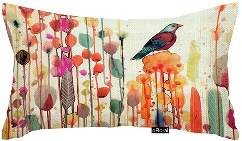 oFloral Pillow Cover Animal Bird in Flower Rectangle Pillow Case Sofa Throw Cushion Cover Party Home Decor Cotton Linen Throw Pillow Case 12 x 20 Inch