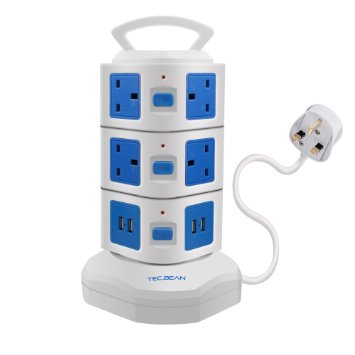 TEC.BEAN 3M 4 USB 10 Way Outlet Extension Lead Surge Protector Vertical Power Strip with USB Charging Ports Station USB Extension Lead Switch with Overload Protection (Blue 4 USB 10 AC)