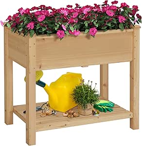 Yaheetech Carré Potager sur Pied en Bois avec Plateau Intérieur Extérieur Structure Ergonomique Trous de Drainage pour Balcon/Jardin