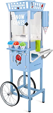 Nostalgia 54-Inch Tall Snow Cone Cart, Metal Scoop Makes 72 ICY Treats, Includes 2 Syrup Bottles, 100 Paper Cups/Spoons, Storage Compartment, Wheels for Easy Mobility – Blue