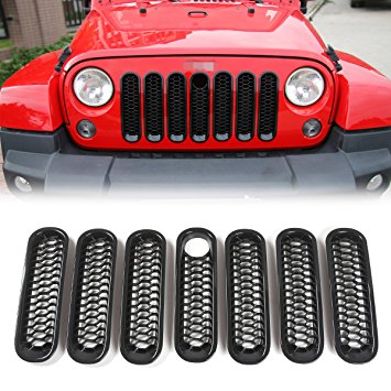 Black ABS Honeycomb Front Mesh Grille Inserts for 2007-2016 Jeep Wrangler JK - 7PCS