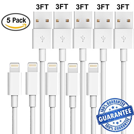 iPhone Cable, 3FT Lightning Cable to USB Charging Cable for iPhone X, 8, 8 Plus, 7, 7 Plus, 6s, 6s Plus, 6, 6 Plus, SE, 5s, 5c, 5, iPad mini, iPad Air, iPad Pro, iPod (5Pack)