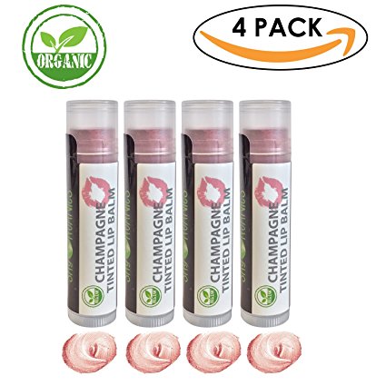 Organic Tinted Lip Balm by Sky Organics - 4 Pack Champagne Color -- With Beeswax, Coconut Oil, Cocoa Butter, Vitamin E- Minty Lip Plumper for Dry, Chapped Lips- Tinted Lip Moisturizer. Made in USA