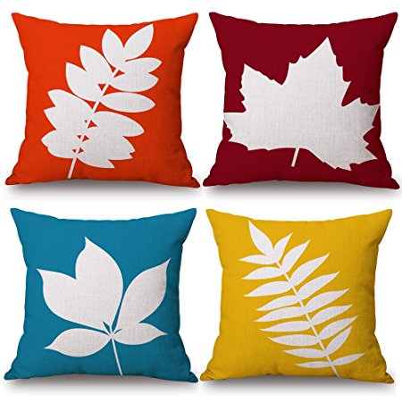 Milesky Decorative Throw Pillow Cases Cotton Linen Square 18x18 inch, Set of 4, Series IV (Leaves)