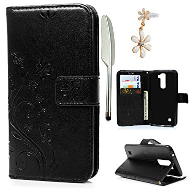 LG K10 Case- MOLLYCOOCLE Stand Wallet Premium PU Leather Emboss Butterfly Kissing Flower Design Magnetic Hand Wrist Strap TPU Cushion Bumper Skin Cover for LG K10 & Dust Plug & Stylus Pen,Black