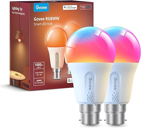 Govee Smart A19 LED Light Bulbs, 1000lm RGBWW Dimmable, Wi-Fi Colour Changing LED Bulbs, Works with Alexa & Google Assistant No Hub Required, 75W Equivalent Smart Bulbs 2 Packs