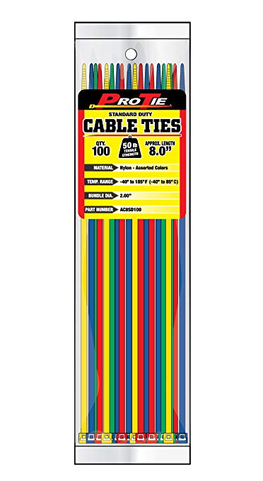 Pro Tie AC8SD100 8-Inch Assorted Color Standard Duty Color Cable Tie, Assorted Nylon, 100-Pack