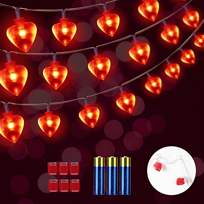Valentines Day Decorations String Lights,20 Ft 40 LED Heart Red Shape Decor Battery Operated for Indoor Outdoor Home Room Party Wedding Hanging (Battery Include)