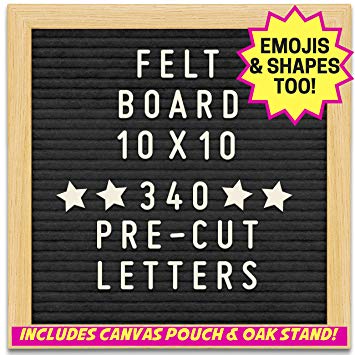 Black Felt Letter Board With 10X10 Wooden Frame and Stand. Includes 340 Changeable Pre-Cut Letters, Numbers & Emojis Separated In Canvas Bag - Best For Sharing Your Message.