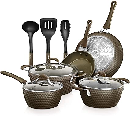 Nutrichef Nonstick Cookware Excilon Home Kitchen Ware Pots & Pan Set with Saucepan Frying Pans, Cooking Pots, Lids, Utensil PTFE/PFOA/PFOS free, 11 Pcs, Coffee Diamond