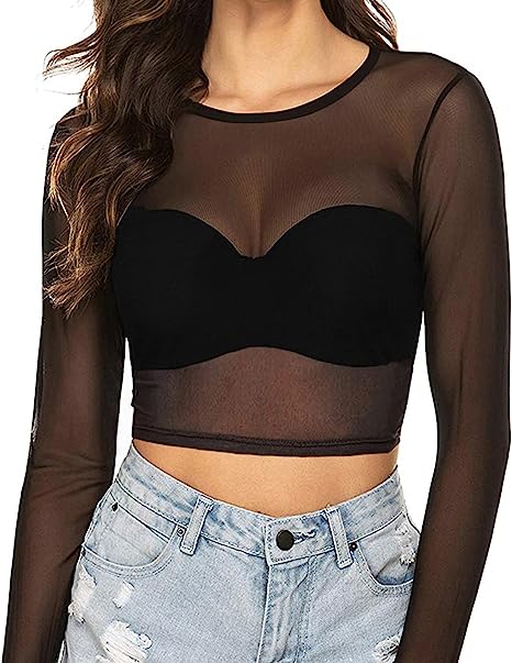 MANGOPOP Women's Short Sleeve Long Sleeve Sheer Mesh Crop Tops Tee Shirt Blouse