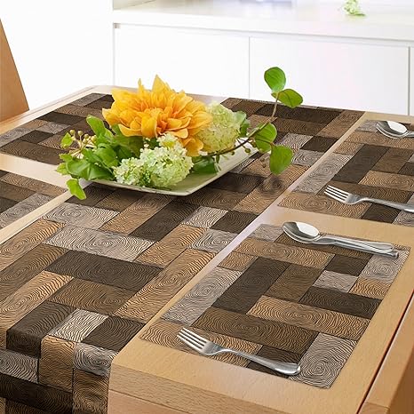 Ambesonne Chocolate Table Runner & Placemats, Parquet Pattern in Wooden Style Geometric Design in Nature Inspired Art, Set for Dining Table Decor, Placemat 4 pcs   Runner 16"x72", Brown Beige