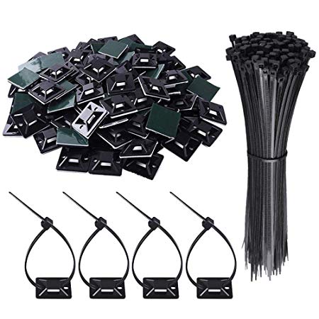 AUSTOR 100 Pack Adhesive Cable Tie Mounts Black Zip Tie Mounting Base(1.1" x 1.1") with 200 Pack Black Nylon Cable Ties(Length 200 mm, Width 3 mm)