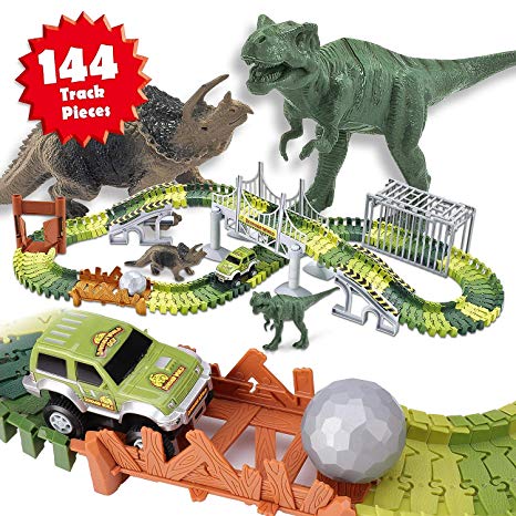 Veken Slot Car Race Track Set 2 Dinosaurs, 1 Race Car Toy, Cage, Ball, Double-Door, 2 Bridges, Slopes, 4 Trees & 144 Flexible Tracks Create a Road in Jurassic World Version Gift Boys Girl