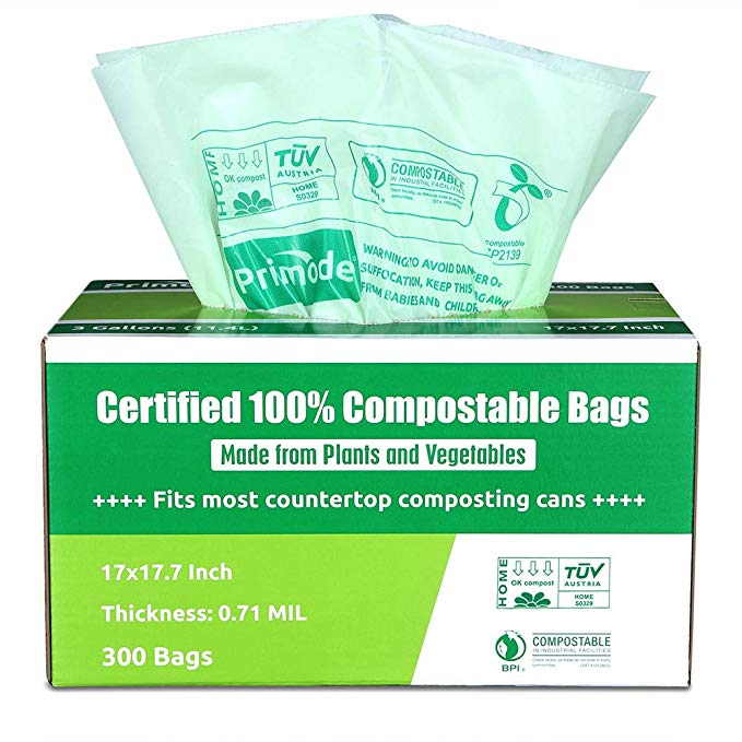 100% Compostable Bags By Primode, 3 Gallon Food Scraps Yard Waste Bags, 300 Count, Extra Thick 0.71 Mil. ASTMD6400 Biodegradable Compost Bags Small Kitchen Bags, Certified by BPI and TUV