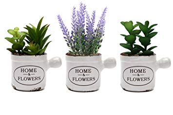 L2b Lifelike Artificial Mini Fake Plants in Vintage Ceramic Pots, Succulents and Lavender, Home and Office Décor – Set of 3