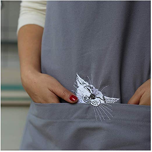 GREVY 100% Cotton 8oz Canvas BBQ Apron with Huge Pockets CAT Bites Embroidery,Grey Color, Average Size W 24" L 32" Adjustable Neck Straps