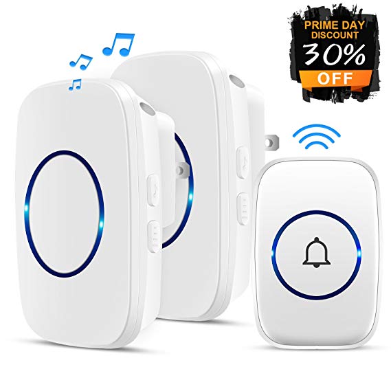 Agedate Wireless Doorbell,Waterproof Doorbell Chime with 2 plug-in Receivers and 1 Remote Push Button Operating at 1000-feet Range with 38 Chimes,3 Level Volume, LED Indicator-White