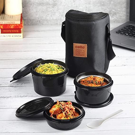 Cello Maxfresh All in One Stainless Steel 3 Container Lunch Box with Soft Fabricated Bag, 225ml, 375ml and 550ml, Black