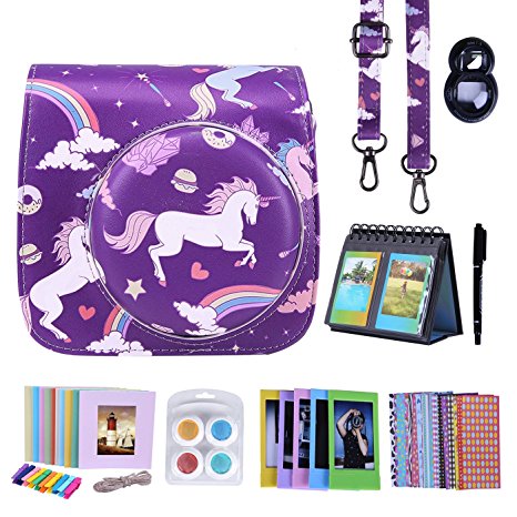 HDE Fujifilm Instax Mini 9 or 8/8  Camera Case Accessories Box Kit: Leather Mini 9 Case   Strap/Fuji Album/Selfie Lens/ Hanging   Creative Frames/Border Stickers/ Pen & More (Unicorns and Rainbows)