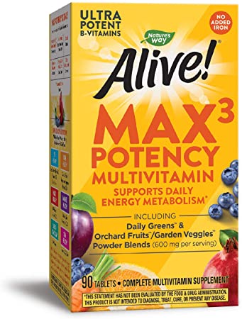 Nature's Way Alive! Max3 Potency Multivitamin, High Potency B-Vitamins, No Iron, 90 Tablets