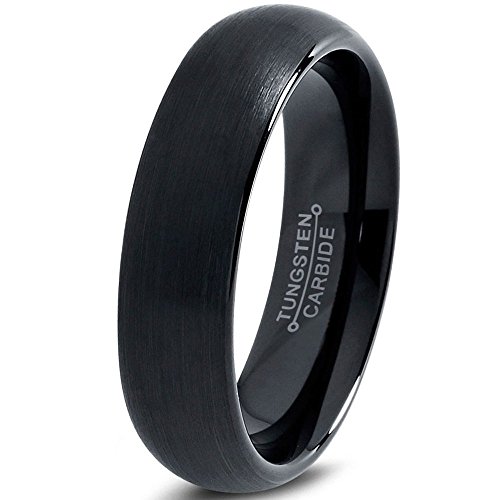 Tungsten Wedding Band Ring 6mm for Men Women Comfort Fit Black Domed Brushed FREE Custom Laser Engraving Lifetime Guarantee