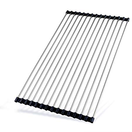 Dish Drying Rack, Over the Sink Multipurpose Roll-Up Dish Drainer, Large Silicone Stainless Steel Dish Drying Mat, Foldable Drain Rack for Kitchen 17.7" L x 11.3" W (Black)