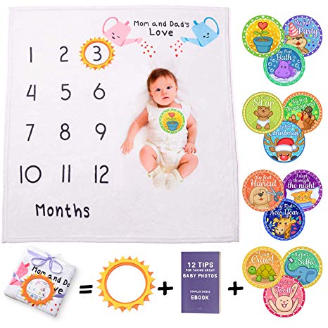 Baby Monthly Milestone Blanket for Girl or Boy | Large Month Blanket for Newborn Pictures with Photo Props | Soft Fleece Photography Background | Baby Shower Gift | Bonus Stickers Frame Ebook