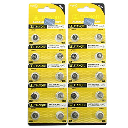 20 Tianqiu AG3 / LR41 / 192 / 392 Button Cell Battery Long Shelf Life 0% Mercury (Expire Date Marked)