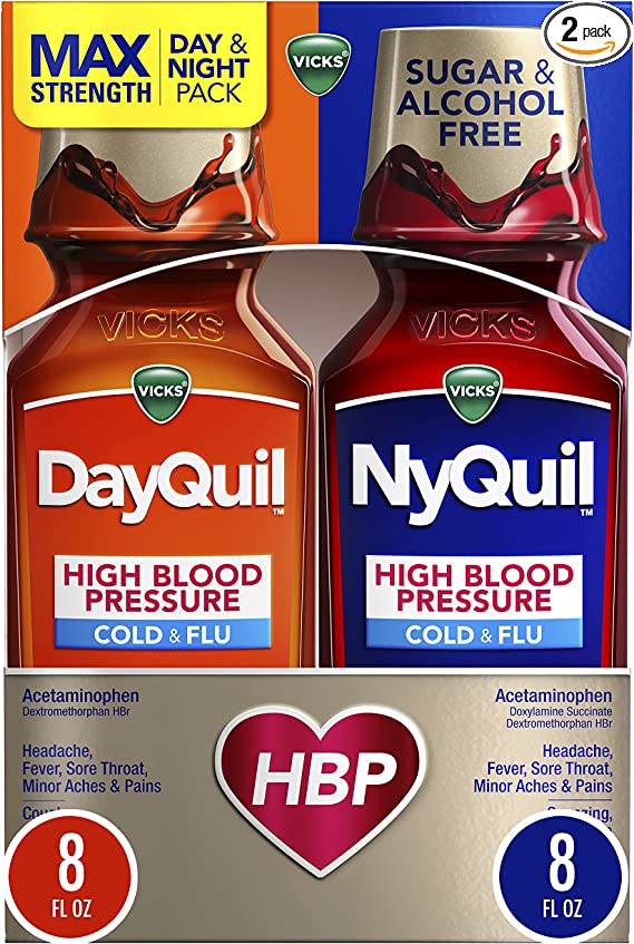 Vicks DayQuil and NyQuil High Blood Pressure Cold and Flu Relief Liquid Medicine Combo Pack, Multi-Symptom Daytime and Nighttime Relief for Cold, Cough, Flu Symptoms, Alcohol Free, 2 x 8 FL OZ Bottles