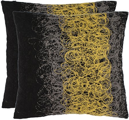 Safavieh Pillow Collection 18-Inch Modern Spirals Pillow, Black, Yellow and Grey Embroidered, Set of 2