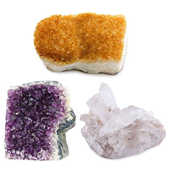 Crystal Allies Specimens: 3 Mineral Starter Pack w/ Natural Amethyst, Citrine, Crystal Quartz Clusters from Brazil – 1lb Specimens