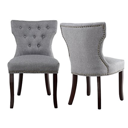 LSSBOUGHT Set of 2 Fabric Dining Chairs Leisure Padded Chairs with Brown Solid Wooden Legs,Nailed Trim,Gray