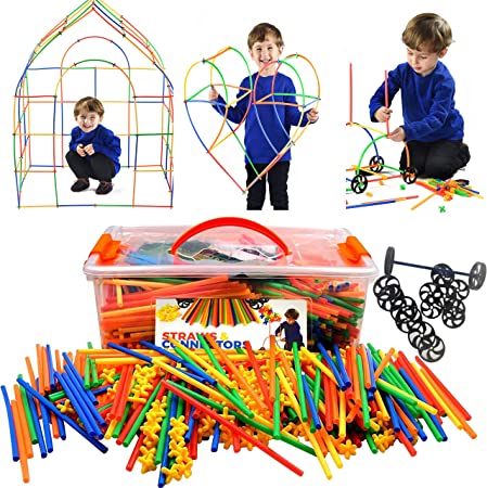 Playlearn 300 Piece Straws Builders Construction Building Toy with Wheels - with Special Colored Connectors