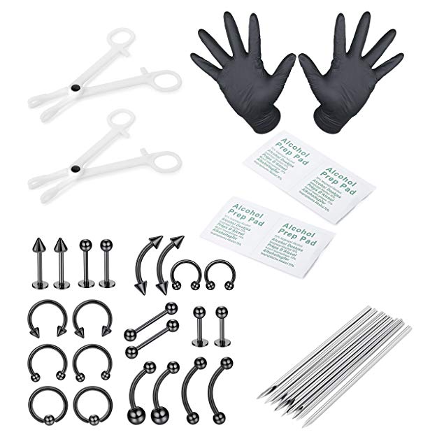 LOLIAS 38 Pcs Professional Piercing Kit for Belly Tongue Nipple Eyebrow Nose Lip and Body 14G 16G