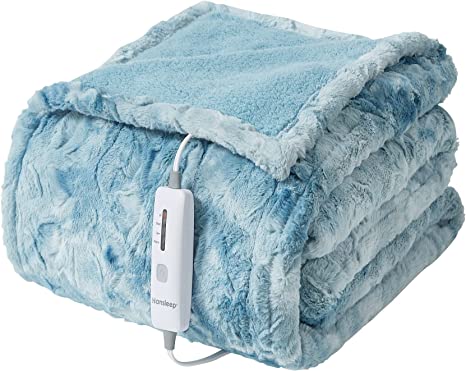 Hansleep Heated Blanket Electric Blanket Throw - Faux Fur Heating Blanket Super Cozy with 4 Heating Levels 4 Hours Auto Off, Sherpa Electric Throw Machine Washable, Blue, 50 x 60 Inches