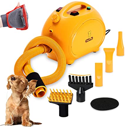 Free Paws Negative Ions Dog Dryer 4.0 HP 2 Speed Adjustable Heat Temperature Pet Dog Grooming Hair Dryer Blower Professional with 5 Different Nozzles and a Shower Massage Glove